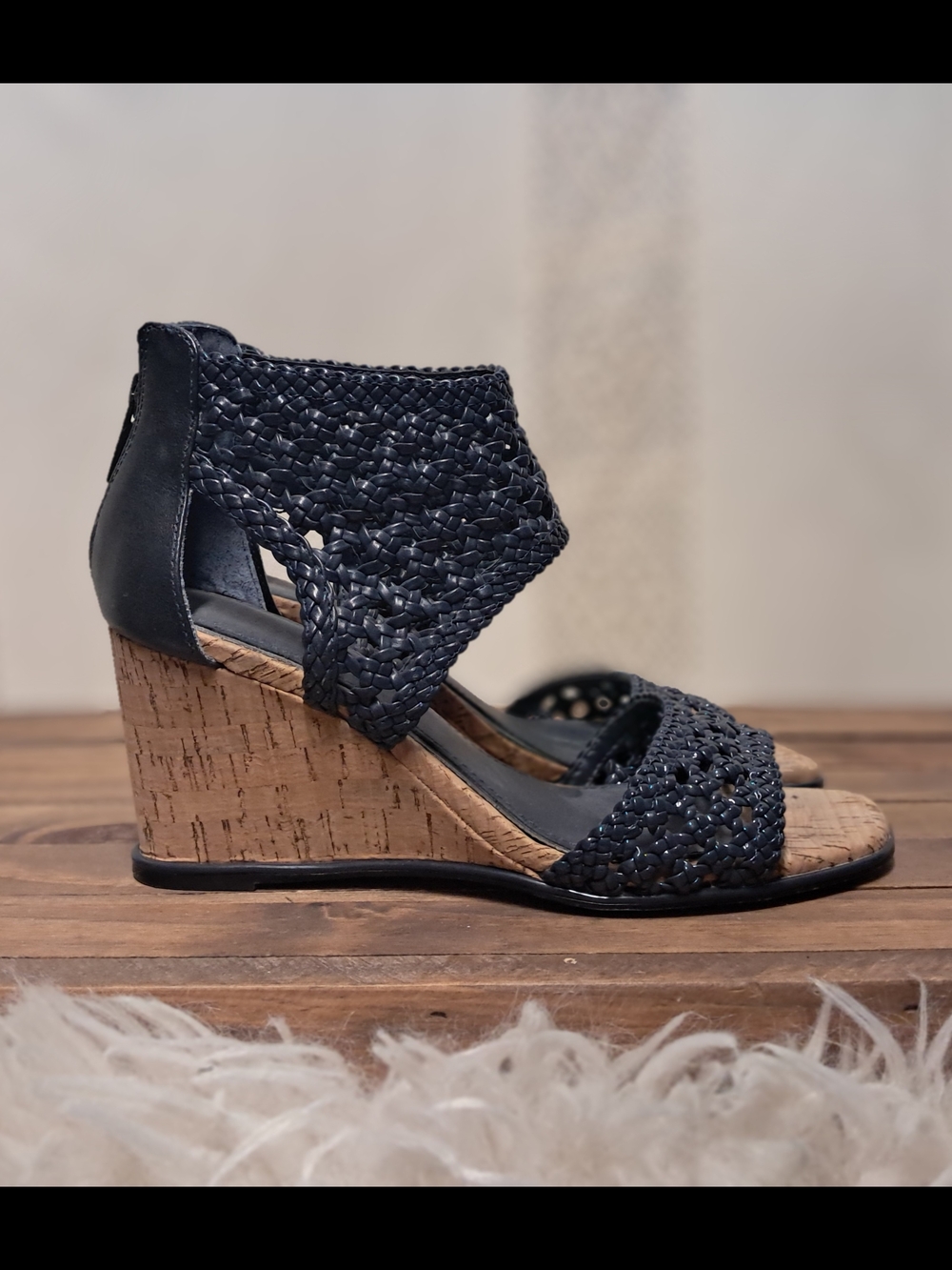 Donald J. Pliner Navy Woven Cork Wedge Sandals Size 7.5 - Picture 7 of 8